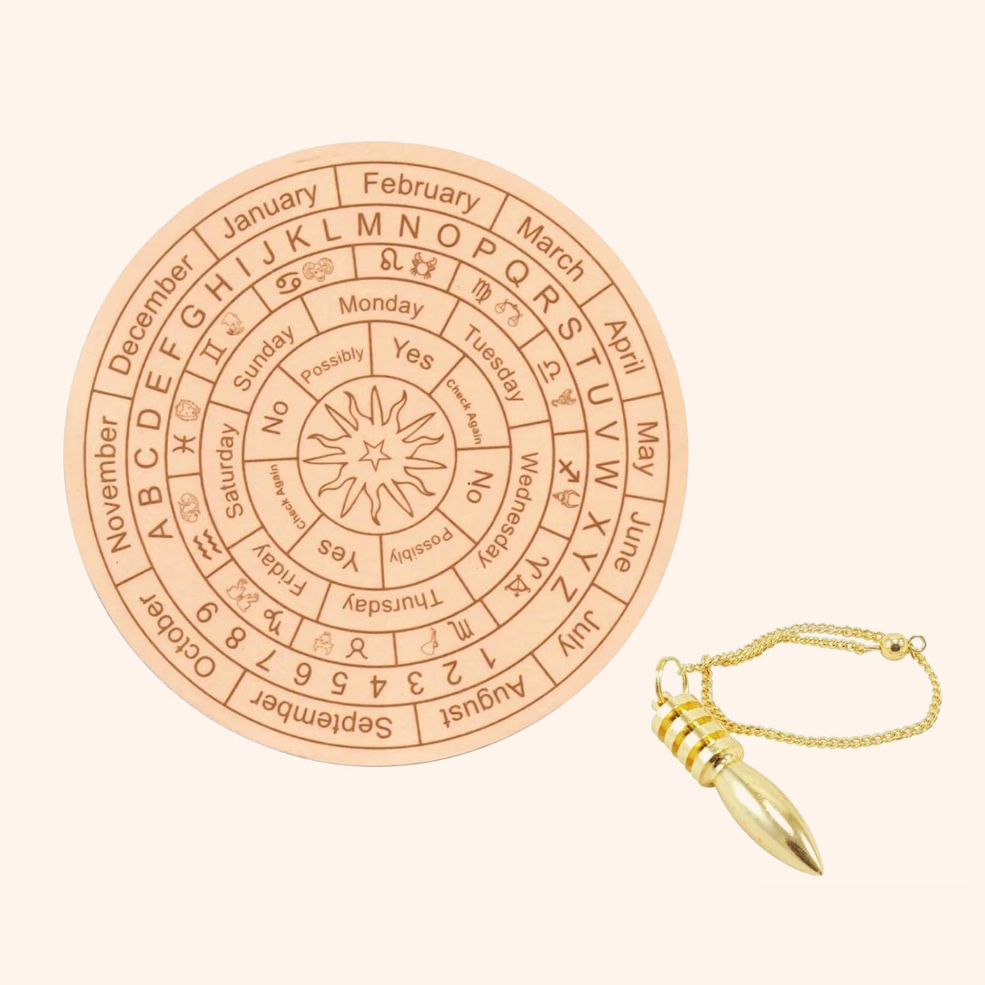 My Vastu Tool LIGHT BROWN DOWSING BOARD WITH BRASS PENDULAM (PENDULAM ASSORTED) 6 INCH