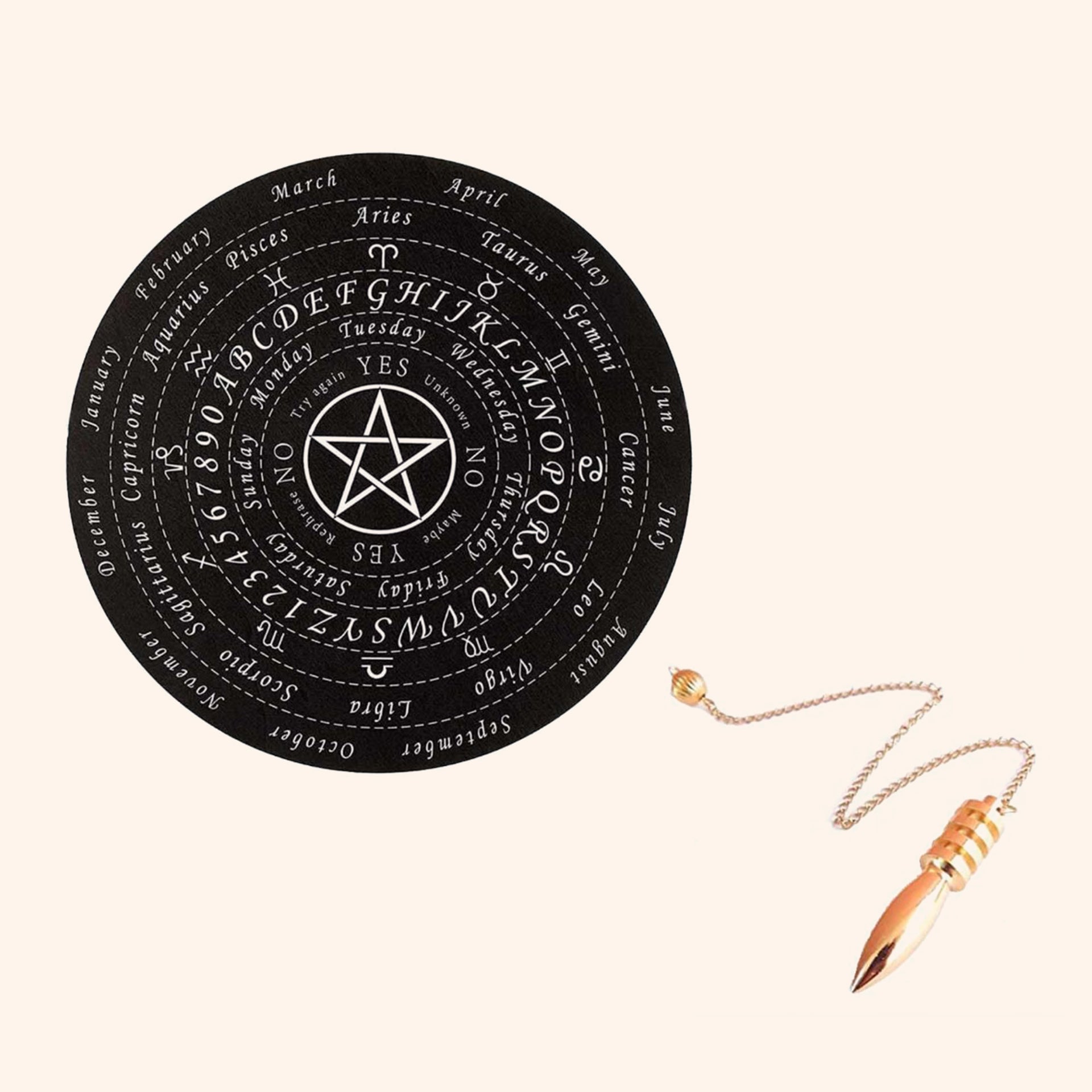 VASTU BLACK STAR DOWSING BOARD WITH BRASS PENDULAM (PENDULAM ASSORTED) 9 INCH